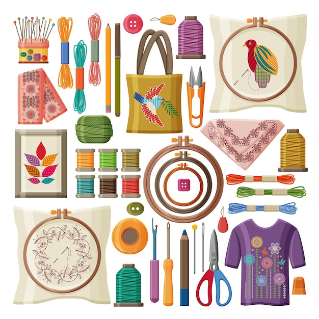 Assorted embroidery kits laid out